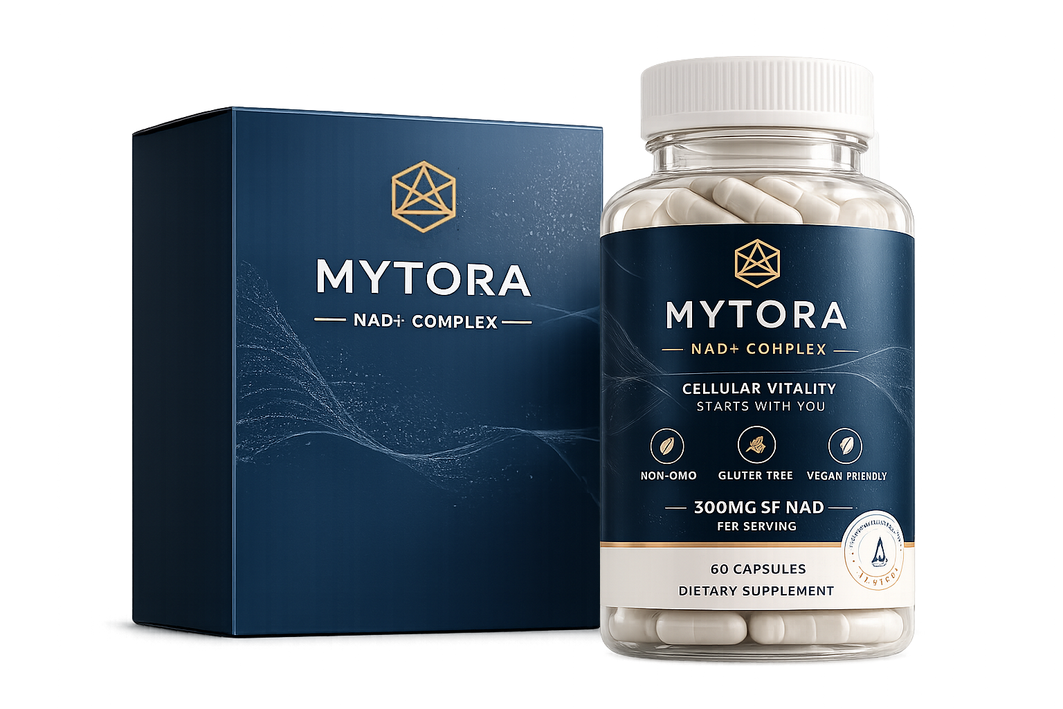 MYTORA NAD+ Complex bottle on stone podium